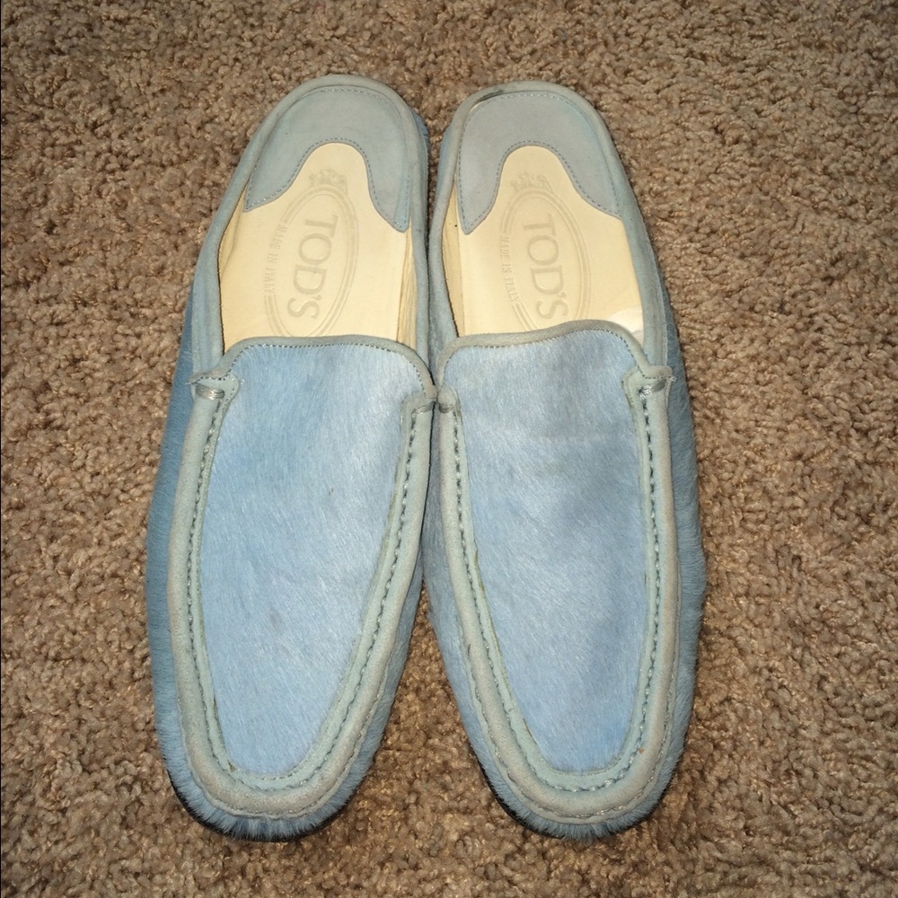 Tods moccasins baby blue calf hair